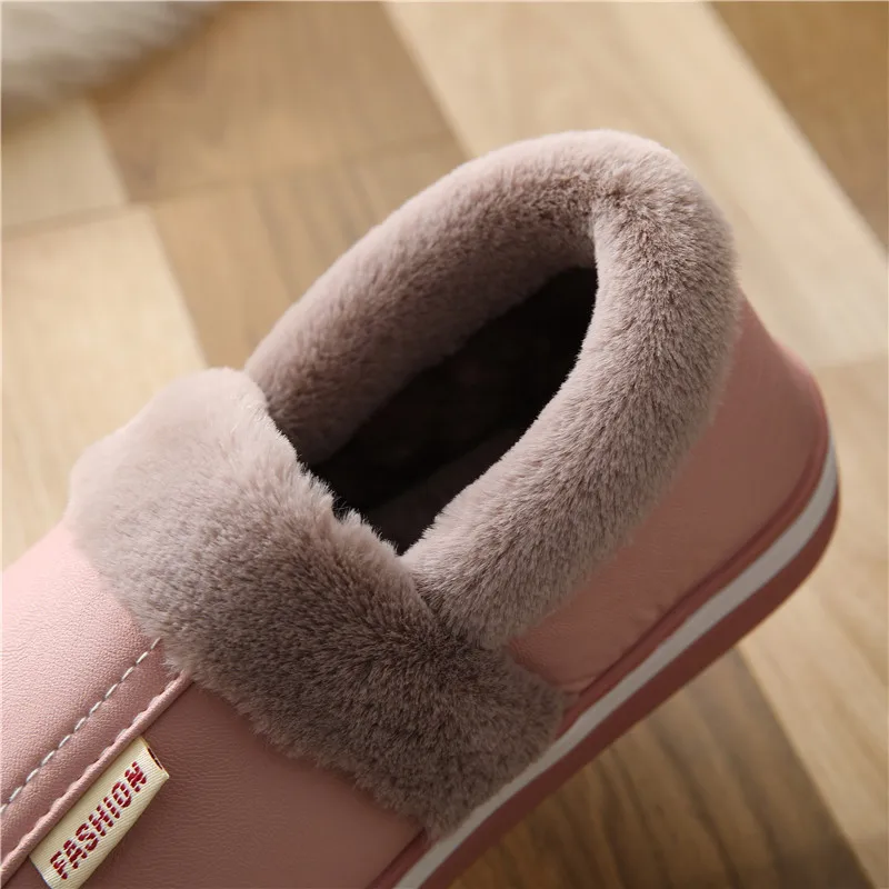 Womens House Slipper Female PU Leather Winter Warm Plush Cotton Indoor Fuzzy Non Slip Room Home Floor Shoes Casual Waterproof