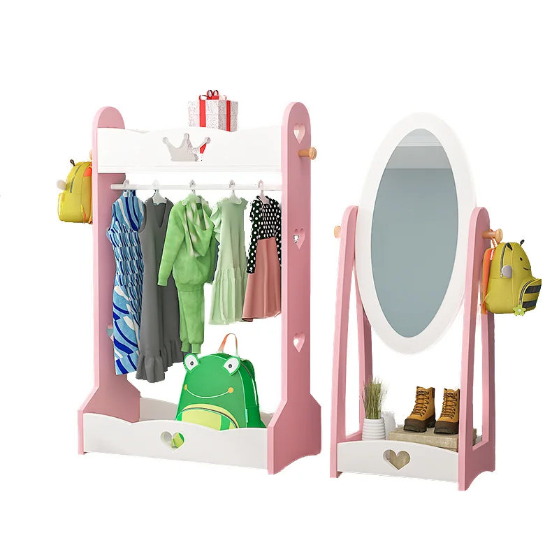 Children's Room Hanger Floor Solid Wood Dressing Mirror Bedroom Cartoon Ins Wind Kindergarten Coat Rack