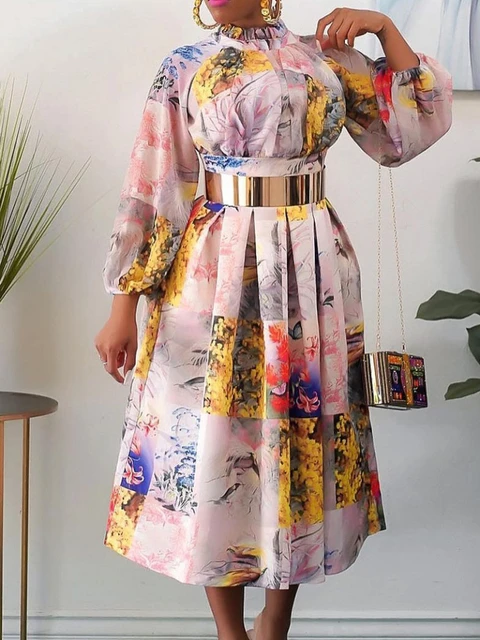 Floral Printed A Line Pleated Long Lantern Sleeves Dress with Gold Belt 1