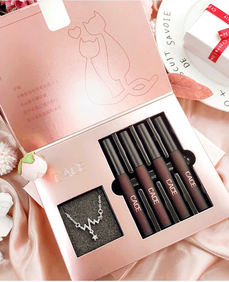 CACE Necklace Lip Glaze Set Box 4-Piece Pack Liquid Lipstick Set Matte Lip Gloss Valentine's Day Gift Lipstick Birthday Gift Set