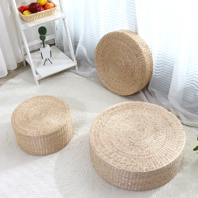 Hot 30cm*30cm Handmade Woven Natural Straw Round Pouf Tatami Cushion Floor Japanese Style Cushion Home Textile 5