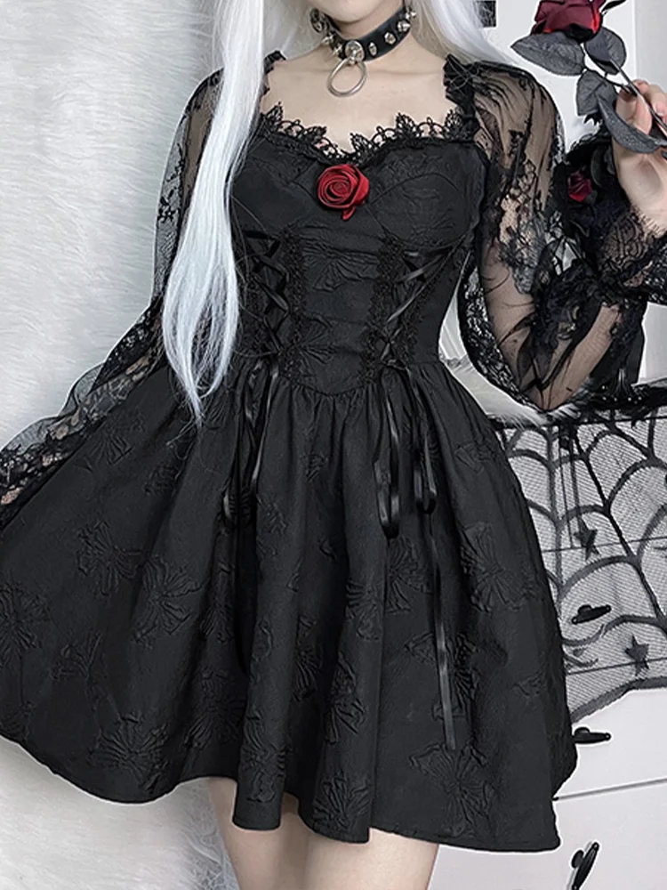 

New Grunge Party Dress High Waist Gothic Dark Sexy A Line Jacquard Lace Sleeve Lolita Cute Women Dress Vintage Harajuku Wear