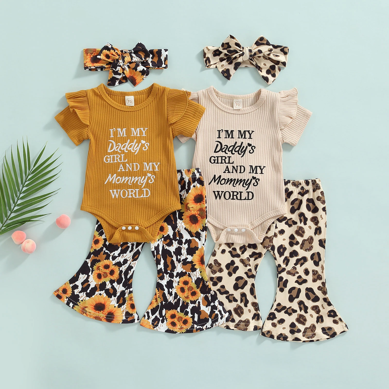 Baby Clothing Set best of sale Baby Girls Romper Outfit, Sweet Style Letter Fly Sleeve Round Collar Jumpsuit + Leopard Print Bell-bottomed Pants + Headwear baby clothes mini set