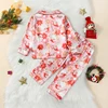 Cute Toddler Girl Christmas Pajamas Set with Cartoon Santa and Flower Print Long-Sleeved Lapel Tops and Elastic Waist Trousers 1