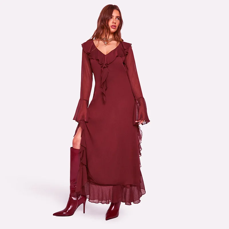 Fashion Mesh Ruffled Long Dress Women's V-Neck Loose High Waist Patchwork Elegant Party Dress Female Autumn Maxi Dress New