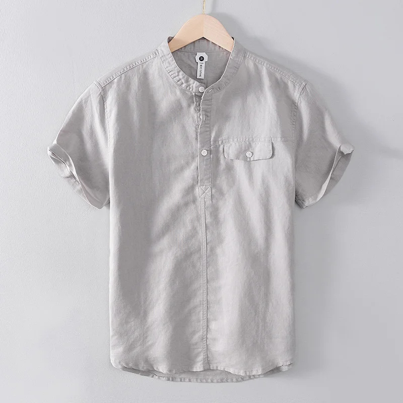 

Classic Breathable Versatile Cotton Linen Casual Solid Short Sleeve Shirt Men Japanese Styles Stand Collar Pullover Shirts Men