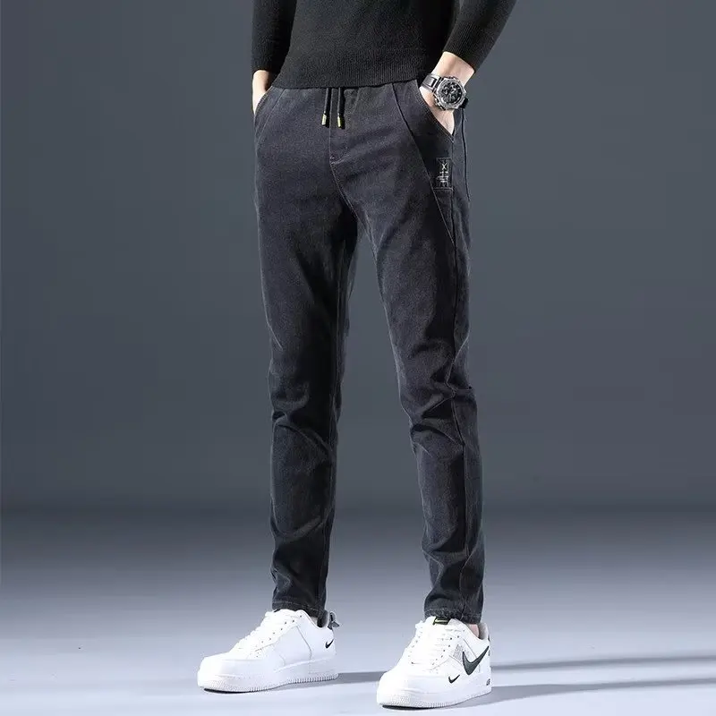 

Men's trousers literary trend new simple ins loose straight pencil pants youth fashion jeans fashion waist slim style jean