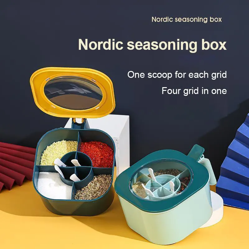 1pc Kitchen Seasoning Box With Four-compartment Integrated Multifunctional Household Kitchen Seasoning Box With Lid 2