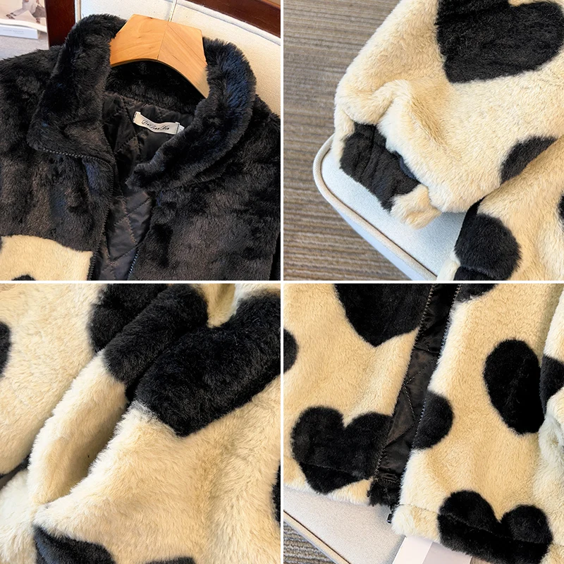 Cárdigans de retales con estampado de corazón de terciopelo grueso de algodón suelto coreano para mujer, chaqueta de felpa con cremallera elegante de gran tamaño, Y2k, invierno, nuevo - Image 4