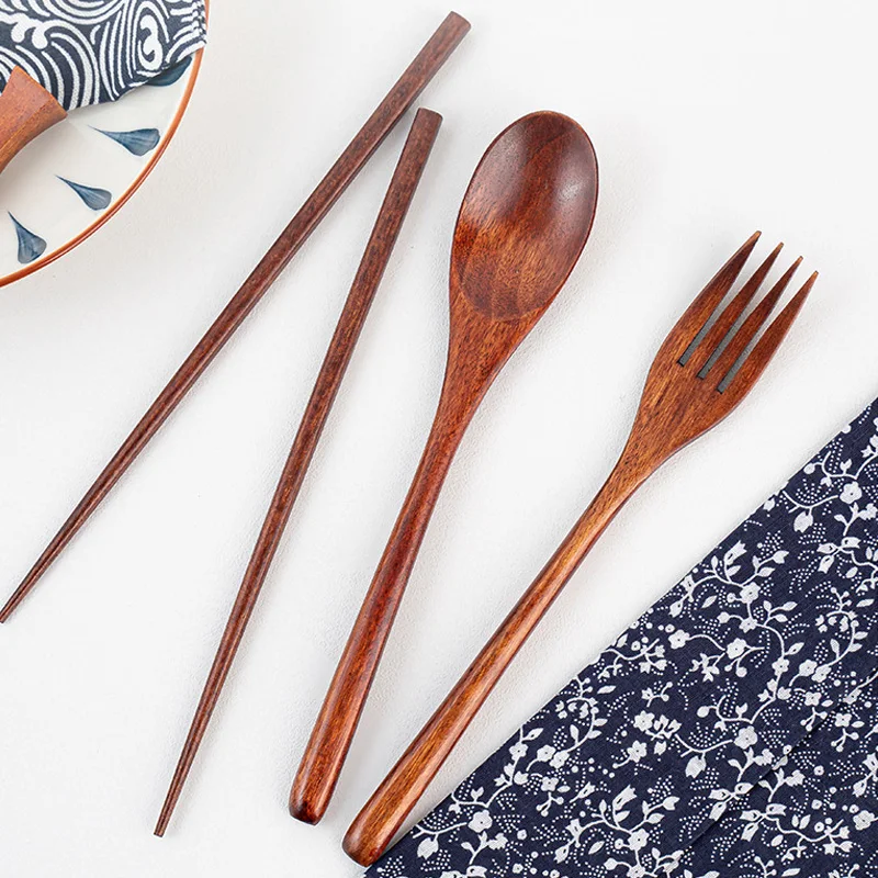 Japanese Style Natural Wooden Cutlery Set Durable Bamboo Fork Spoons Chopsticks Tableware Portable Dinnerware Kitchen Utensil