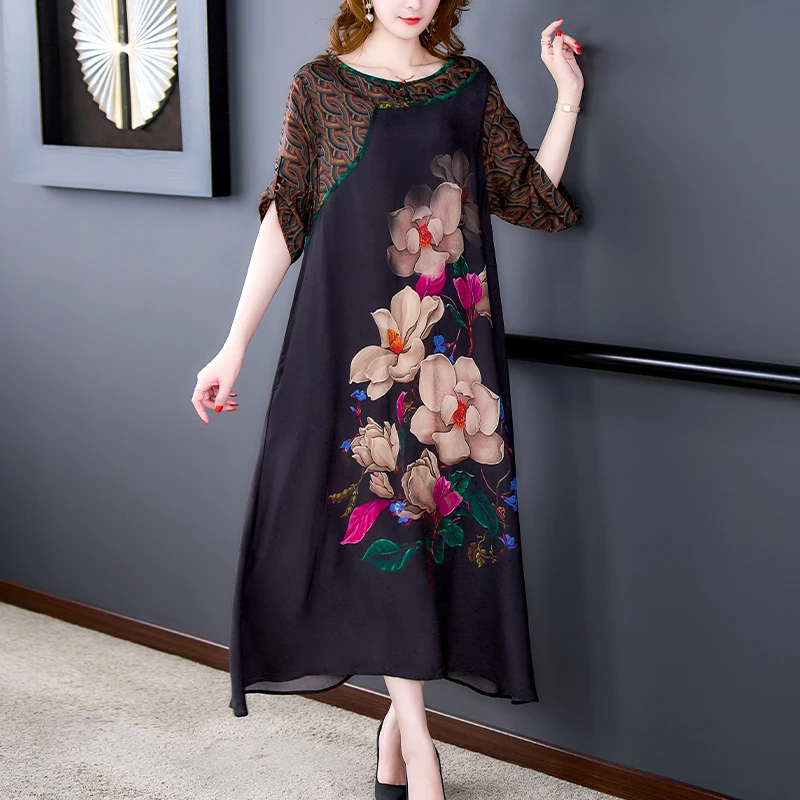 

2024 Black Floral Natural Rayon Maxi Dress Summer Fashion Elegant Loose 5XL Plus Size Dress Women Korean Vintage Hepburn Dress