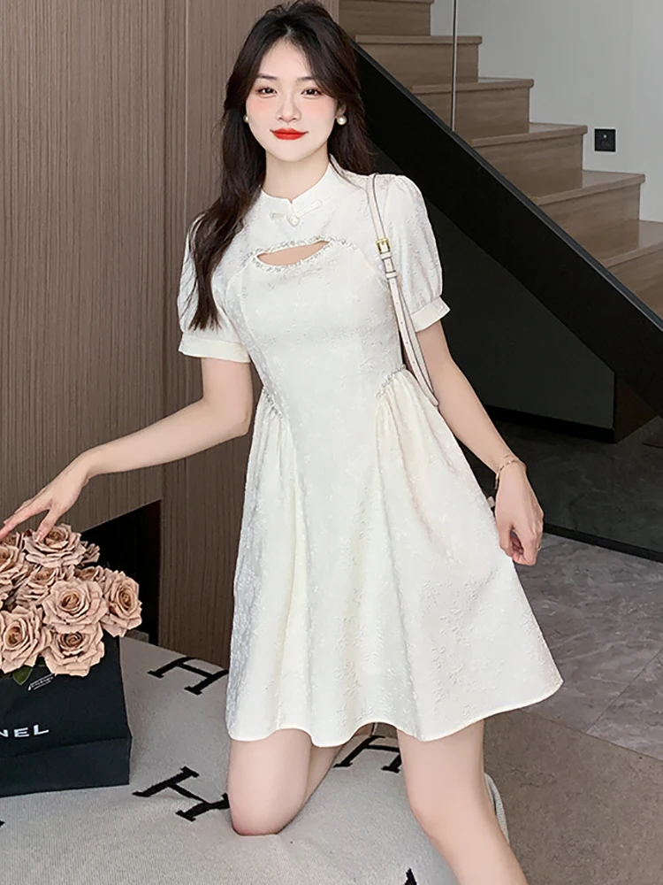 

Summer White Jacquared Short Sleeve Mini Dress Women Fashion Chic Diamonds Hollow Out Dress 2023 New Korean Elegant Luxury Dress