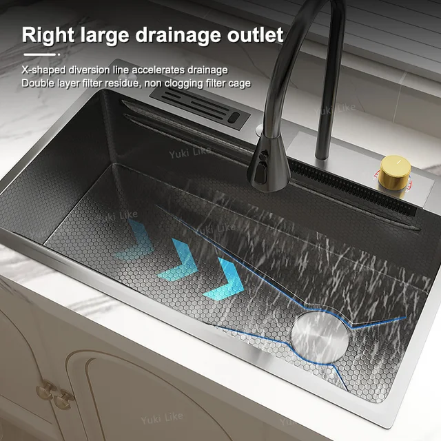Waterfall Sink Kitchen Stainless Steel Topmount Sink Embossed Large Single Slot Wash Basin With Multifunction Tank Low Price 3