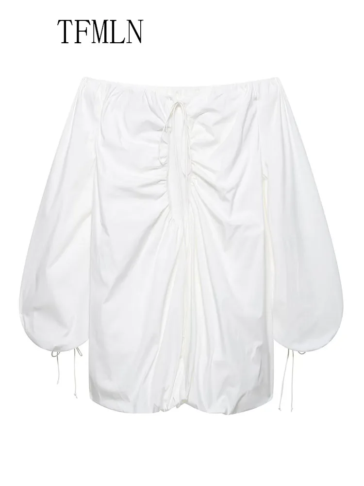 TFMLN Sweet 2025 Summer Women Backless Mini Dress Fashion Long Sleeve Slash Neck Loose Causal Chic Dress High Street Solid Dress