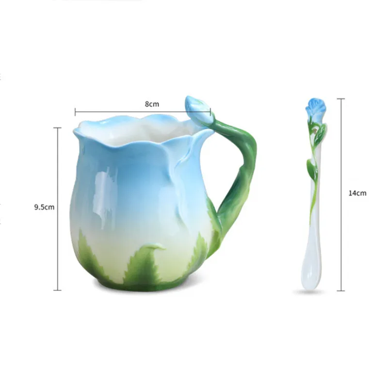 

European Style Enamel Ceramic Coffee Mug Creative 3D Rose Flower Shape Teacups Pastoral 4 Colors Breakfast Milk Cups With Spoon