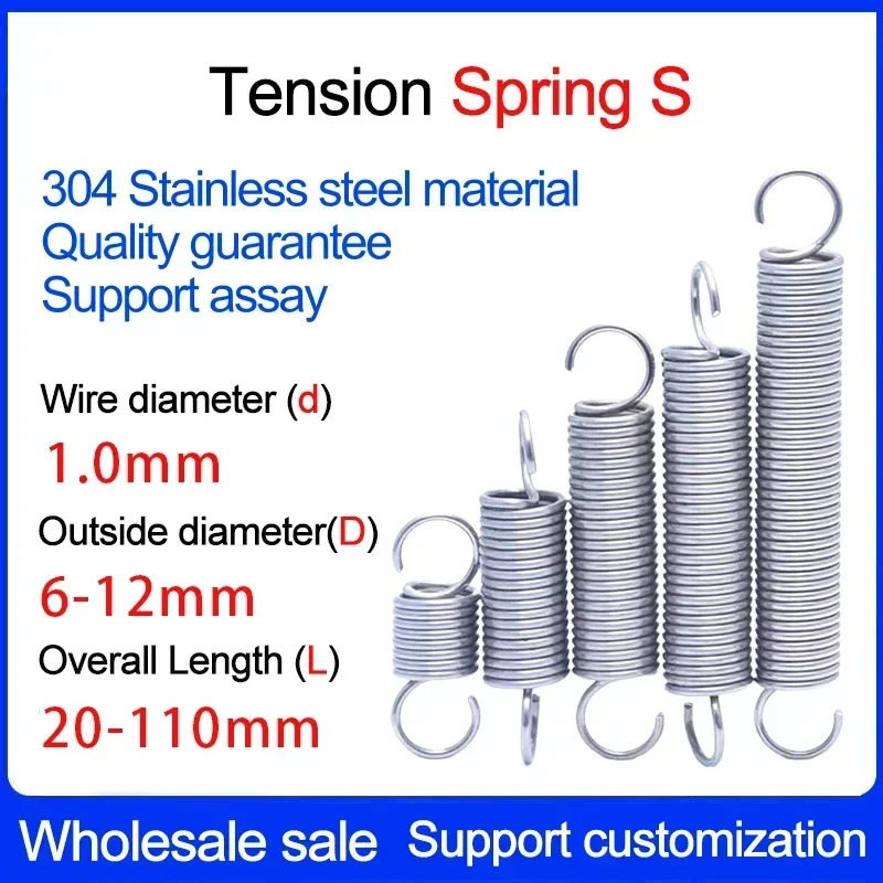 

2PCS Wire Diameter 1.0mm Length 20-110mm 2PCS 304 Stainless Steel Tension Spring S-type Spiral Open Tension Spring