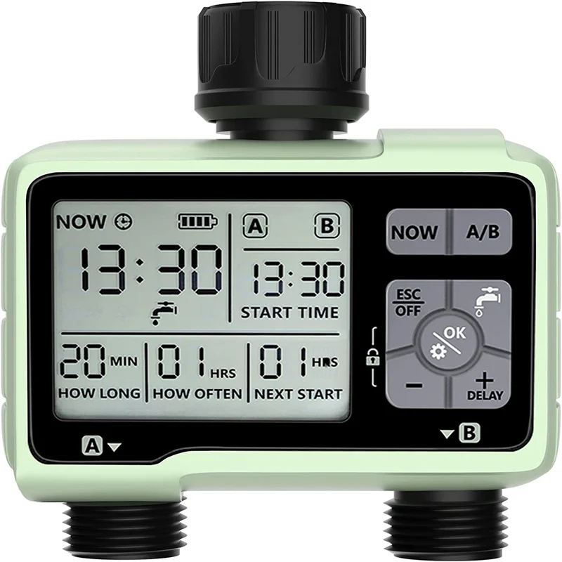 

Large Screen Display Water Timer with 2 Outlet for Outdoor Garden Hose Programmable Rain Delay/Manual/Automatic Watering System