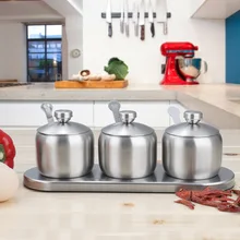 

New Stainless Steel Spices Bottle Condiment Seasoning Storage Box with Spoon 1Set Salt Storage Jars Sugar Bowl Kitchen Organizer