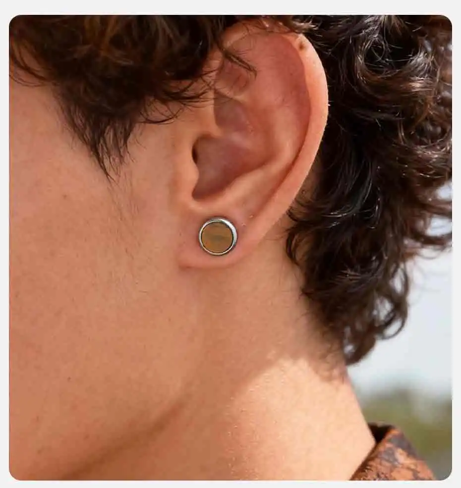 Kleiner runder Naturstein-Ohrstecker für Männer, hypoallergene Ohrstecker aus Edelstahl, Hip-Hop-Modeschmuck, Geschenk – Detail 2