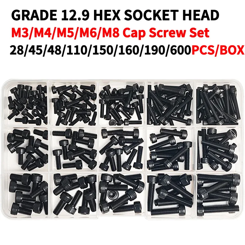 เกรด 12.9 เหล็กคาร์บอนซ็อกเก็ตหัวหมวกสกรูชุด M3 M4 M5 M6 M8 Assortment, แรงดึงสูง Hex Bolts, สนิม, Allen Key 1