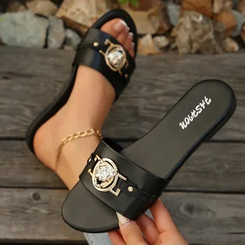 Lion Head New Style Women's Shoes - Fashion Flip-Flops - Classic Style - Versatile - Solid Color - Metal Decor - Round Toe - Fla 1