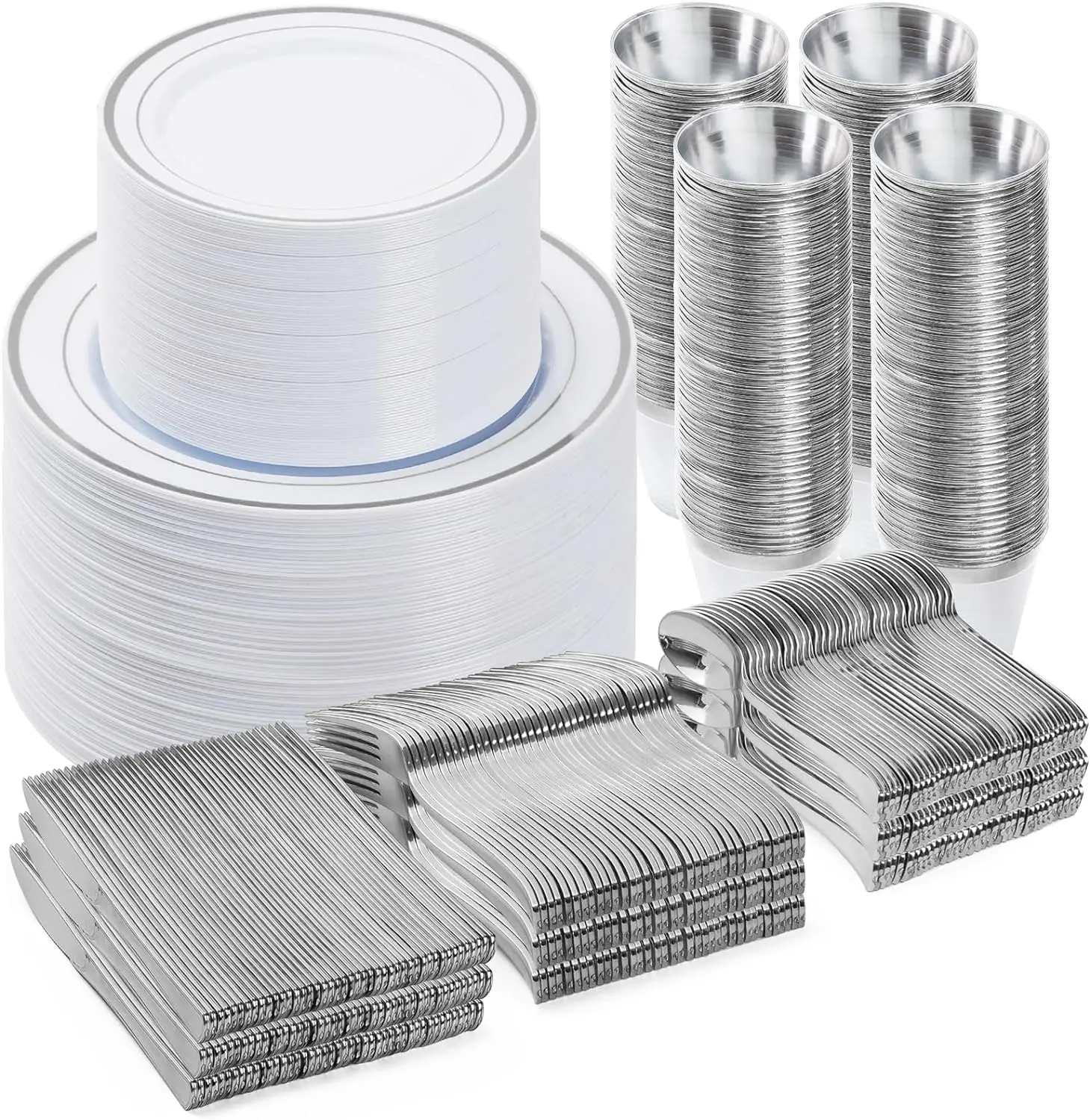 600PCS Plastic Dinnerware Set (100 Guests), Silver Disposable Plates for Party, Wedding, Includes: Dinner, Dessert, Cups, Spoons
