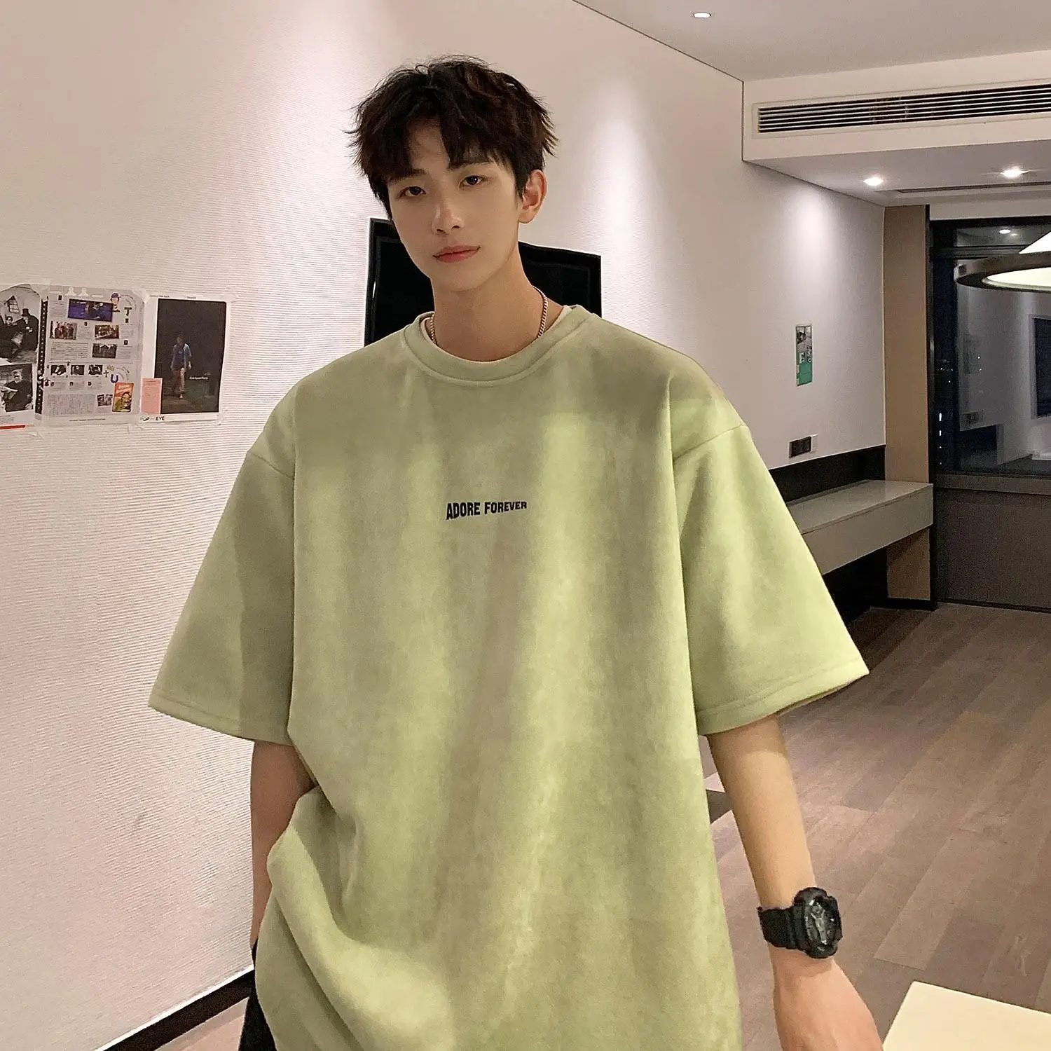 

Korean suede short-sleeved men summer American high street T-shirt tops trendy brand loose half-sleeved niche printed T-shirt
