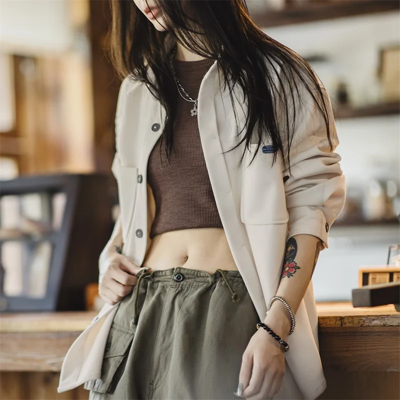 Maden Women's 2023 Autumn Winter American Style Vintage Woolen Shirt Jacket Casual Loose Design Shirt Thick Coat