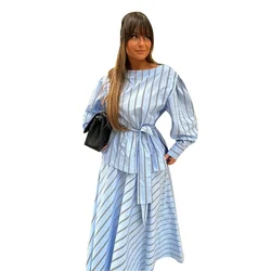 Casual Striped Top Skirt Suits Women O-neck Long Sleeve Belt Tops A-line Pleated Skirts 2024 Spring Summer Office Lady Outfit