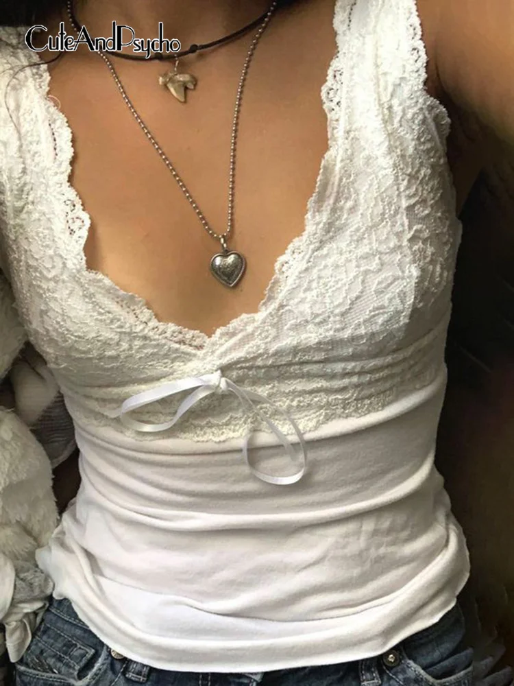 

Cuteandпсиходелические кружевные лоскутные майки Y2K с V-образным вырезом, эстетичные милые винтажные блузки с бантом, Милая Короткая ткань без рукавов