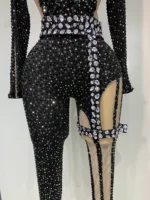 Sexy Sparkly Diamond Black Long Sleeves Bodycon Mesh Jumpsuit Evening Party Nightclub Bar Singer Performance Stage Costume - Image 6