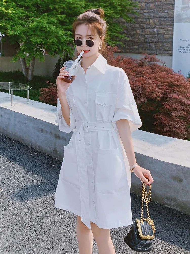 

White Shirt Dresses with Belted 2022 Summer Women Elegant French Style Short Sleeve Casual Loose Multi-pockets Woman Dress L007