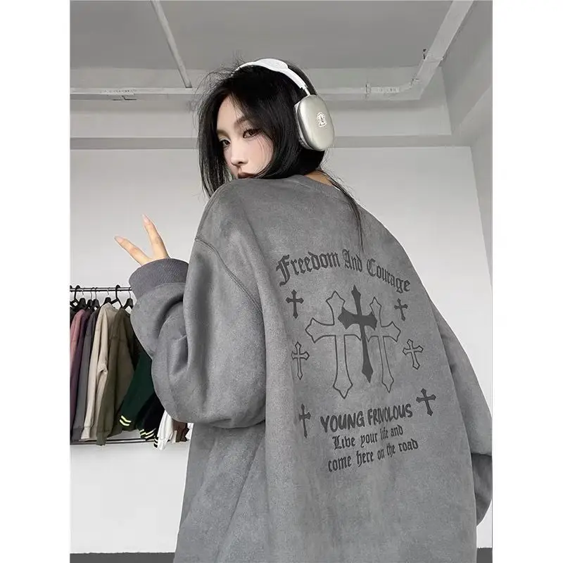 

American high street cross sweatshirt for men and women, autumn and winter Korean style college style loose casual couple jacket
