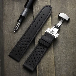 Premium Genuine Cowhide Leather Watch Band with Butterfly Buckle - Universal Breathable Bracelet - 22mm (Matte Black)