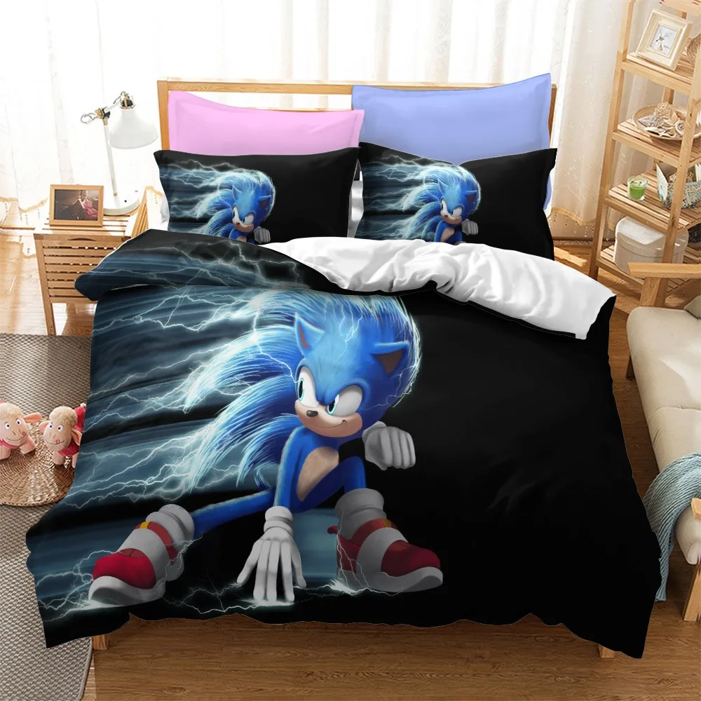 thumbnail image 1 of Funda de edredón de Sonic The Hedgehog con estampado de dibujos animados de anime, 100 % poliéster, tamaño doble, varios tamaños, regalo para niños, 1 of 5