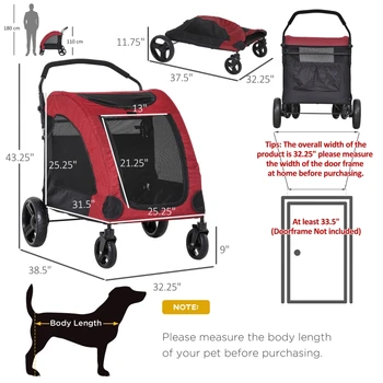 Pet Stroller Foldable Dog Stroller with Storage Bag, Oxford Fabric for Medium Dogs - Blue/Red 3