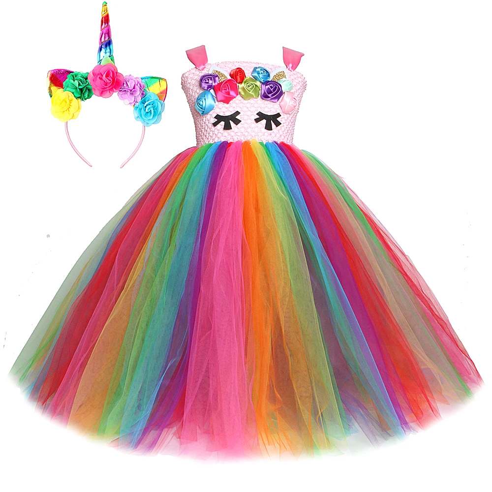 

Rainbow Unicorn Long Dresses for Kids Halloween Christmas Costumes Girls Unicorns Birthday Tutus Outfits Fancy Clothes with Bow