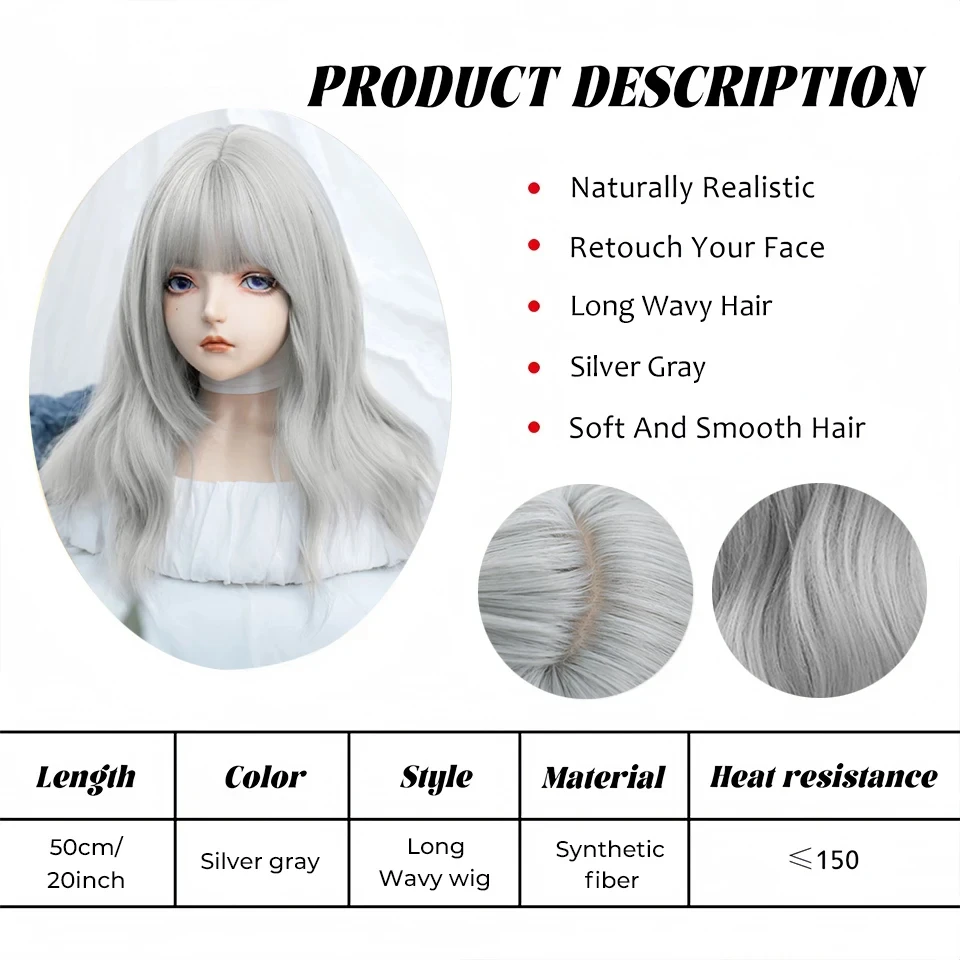 Silver Ash Long Deep Wave Synthetic Wig For Women