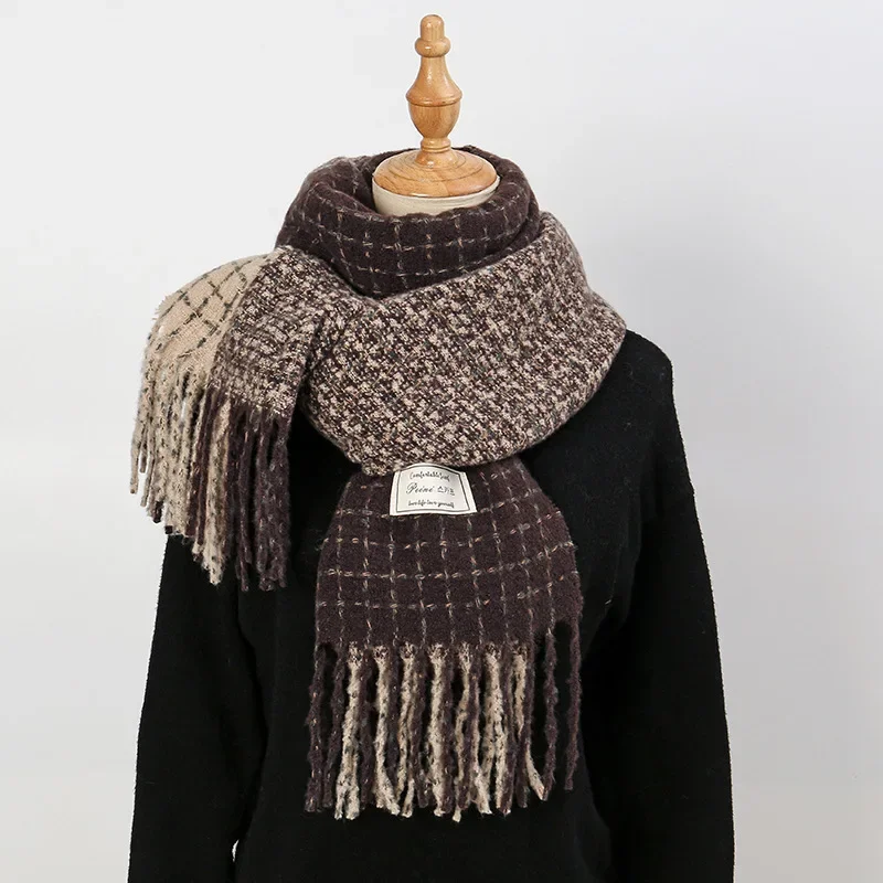 Elegant Retro Plaid Imitation Cashmere Winter Women's Knitted Designer Scarf Thickened Plush Neck Warmer Shawl Patchwork Colors