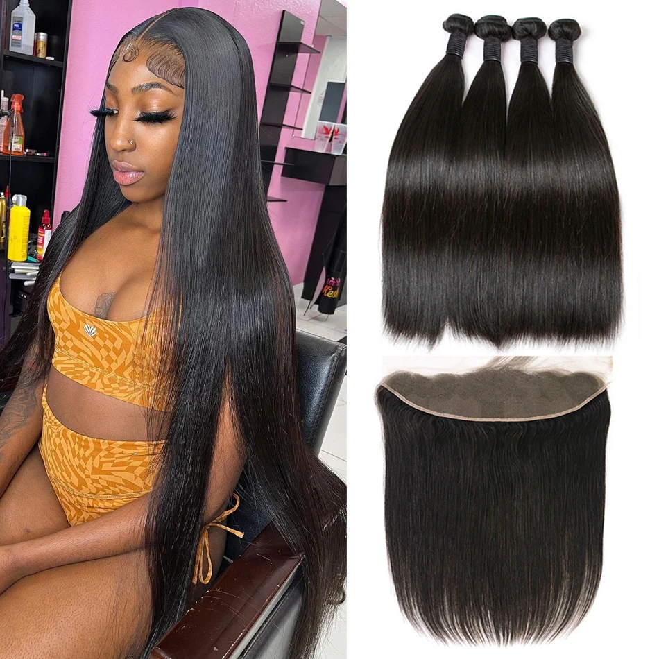 Brazilian Human Hair Extensions 30 32 34 Inch 3 4 Bundles 13x4 Transparent Lace Frontal For Women