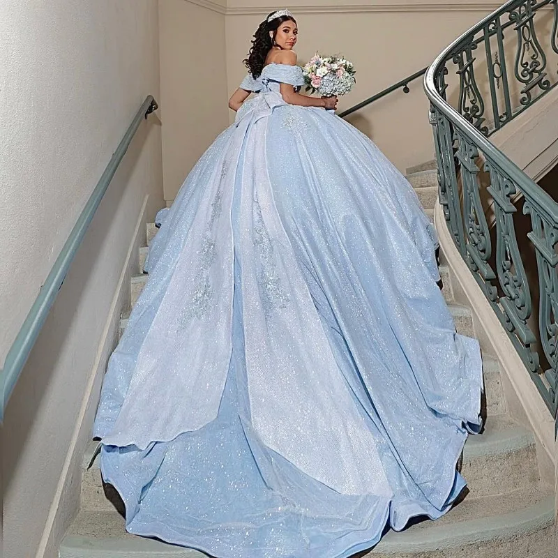 

Sky Blue Quinceanera Dresses Glitter Sweetheart Sequin Applique Ball Gown Sweet 16 Dress Sparkle 15 Birthday Party Prom Gown Lac