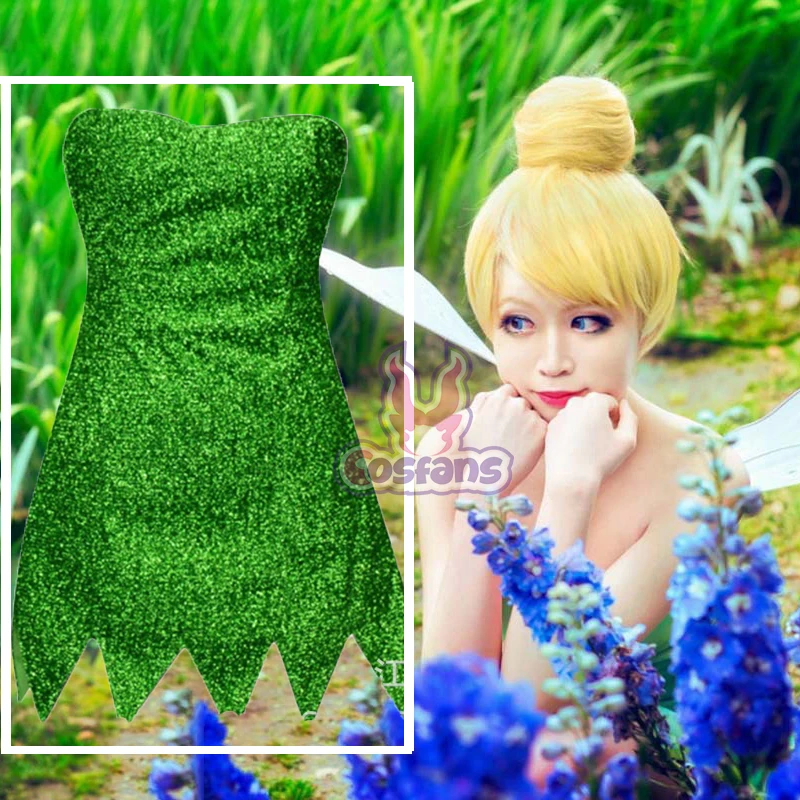 

New Pixie Fairy Cosplay Costume Tinker Bell Green adult Dress Tinkerbell Halloween Party Sexy Cosplay Mini Dresses and Wig