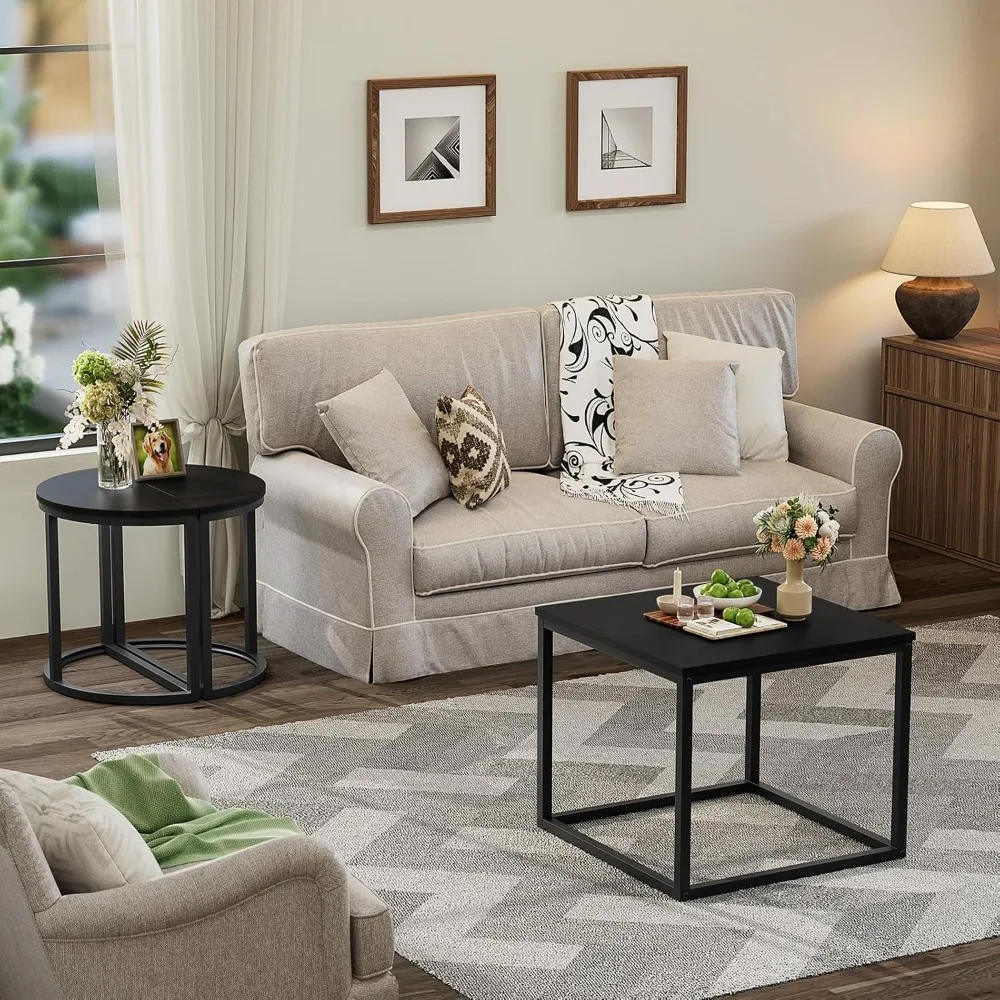 3pcs Set, Modern Living Room with 2 End Tables, Small with Metal Frame for Home Apartment, Black, Café Tables 5