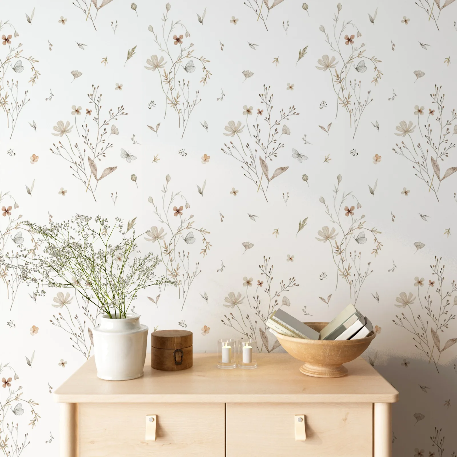 Fresh Flowers Wallpaper, Neutral Meadow Blooms Wallpaper,Hand Drawn ...