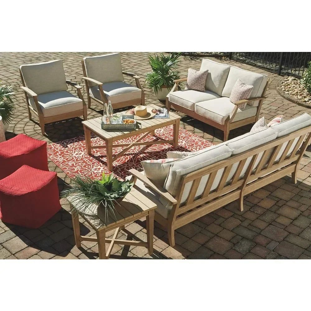 Outdoor Sofa,Clare View Coastal Outdoor Patio Eucalyptus Sofa with Cushions, Beige35"D X 81"W X 37"H,Outdoor Sofa 5
