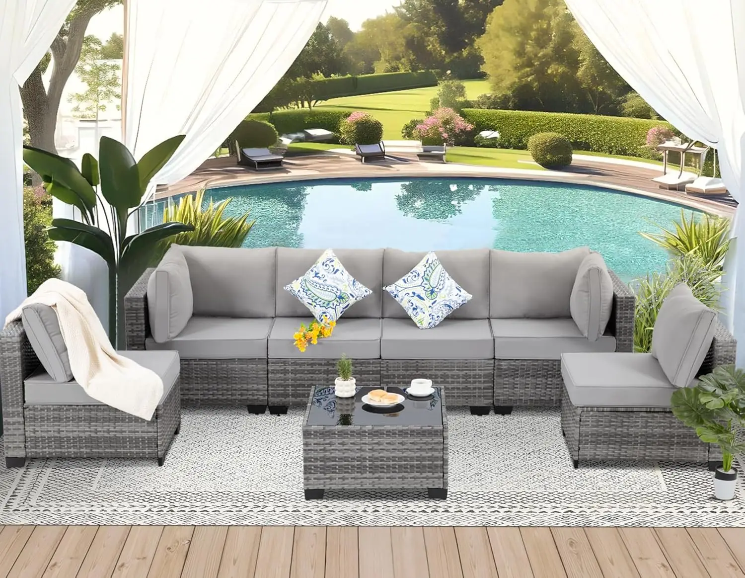 7 Pieces Outdoor Patio Furniture Set, Wicker Outdoor Sectional Conversation Couch Set , Beige Cushions & Coffee Table