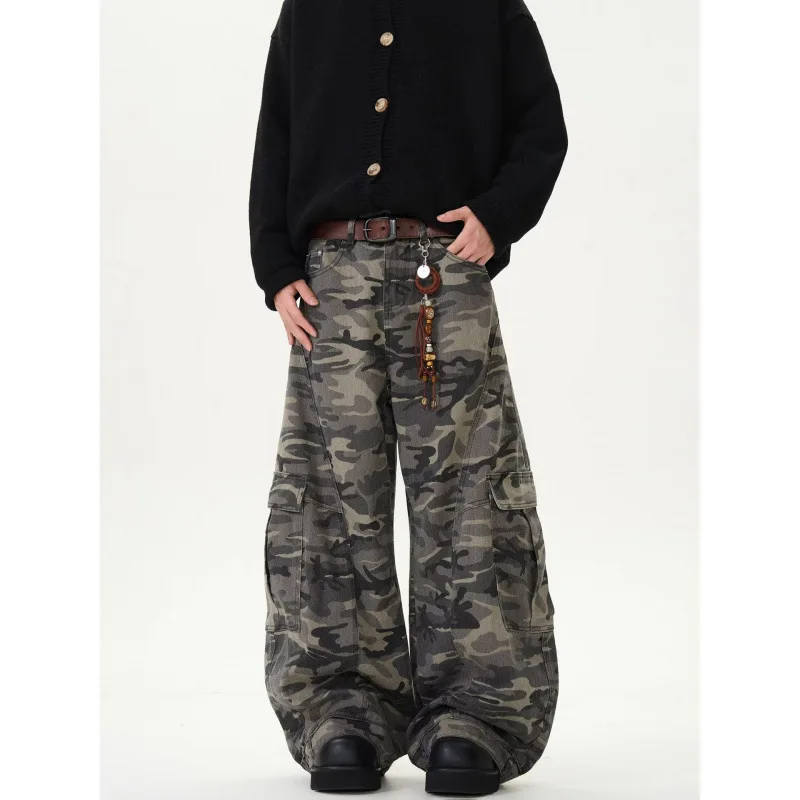 Retro American Camouflage Wide Leg Workwear Pants High Waist Straight Cut Long Trousers Men Women Trendy Street Style Jeans