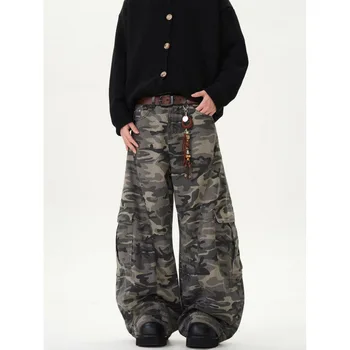 Retro American Camouflage Wide Leg Workwear Pants High Waist Straight Cut Long Trousers Men Women Trendy Street Style Jeans
