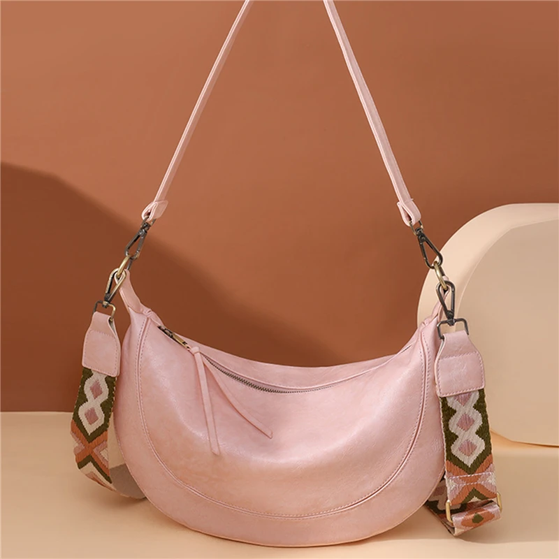 

Half Moon Small PU Leather Zipper Crossbody Bags For Women Solid Color Shoulder Handbags 2023 Trends Spring Luxury Brand