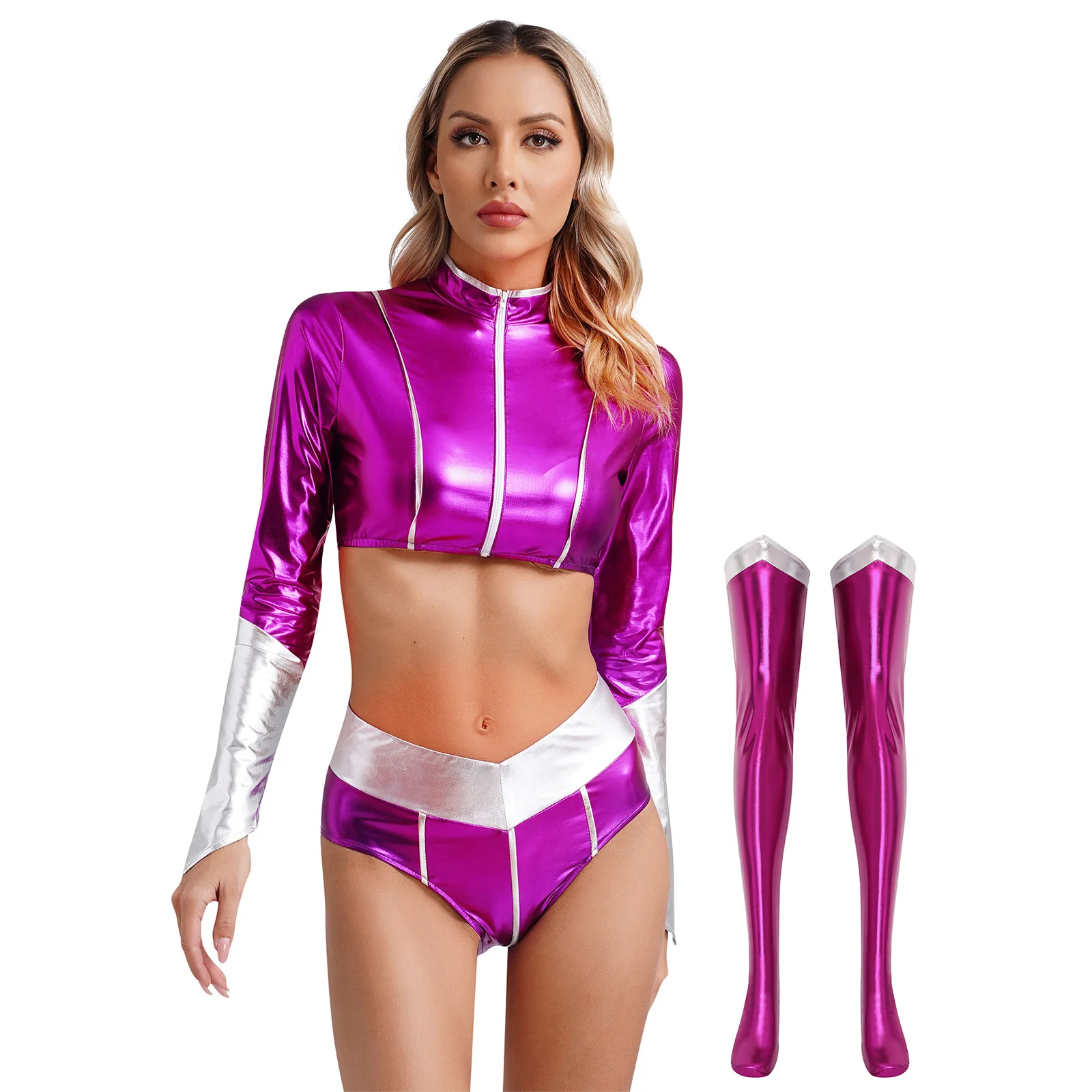 

Womens Princess Heroine Costumes Long Sleeve Front Zipper Crop Top with Briefs And Thigh High Stockings for Halloween Role Play